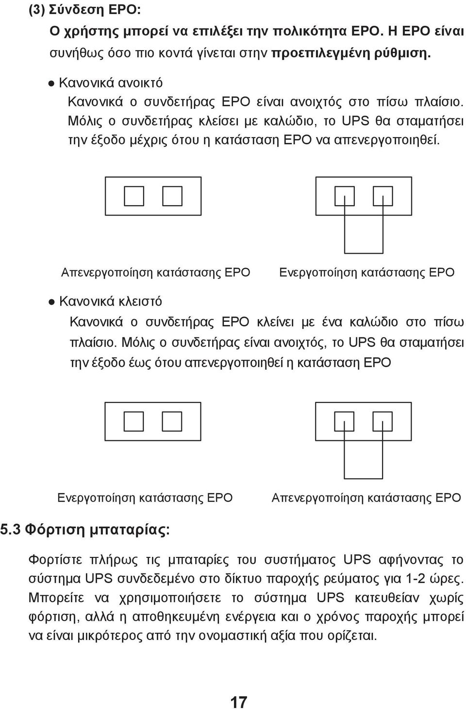 Απενεργοποίηση κατάστασης EPO Ενεργοποίηση κατάστασης EPO Κανονικά κλειστό Κανονικά ο συνδετήρας EPO κλείνει με ένα καλώδιο στο πίσω πλαίσιο.