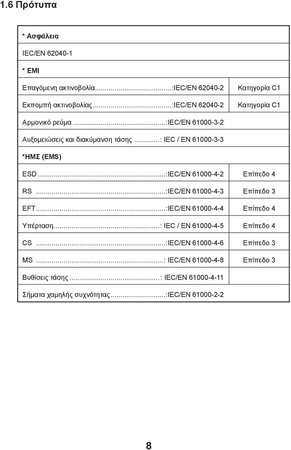 ..: IEC / EN 61000-3-3 *ΗΜΣ (EMS) ESD...:IEC/EN 61000-4-2 Επίπεδο 4 RS...:IEC/EN 61000-4-3 Επίπεδο 3 EFT.