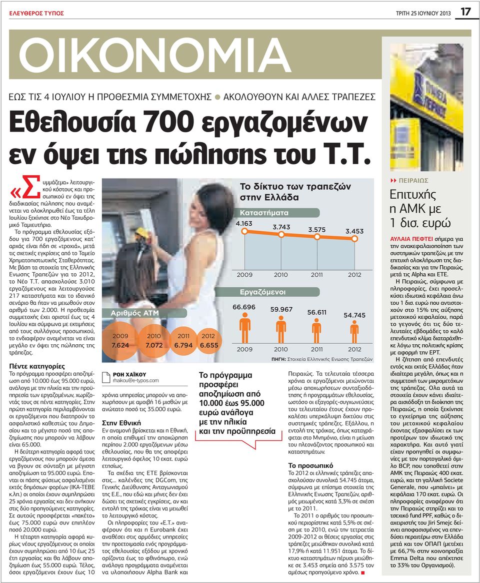 Με βάση τα στοιχεία της Ελληνικής Ενωσης Τραπεζών για το 2012, το Νέο Τ.Τ. απασχολούσε 3.010 εργαζόµενους και λειτουργούσε 217 καταστήµατα και το ιδανικό σενάριο θα ήταν να µειωθούν στον αριθµό των 2.