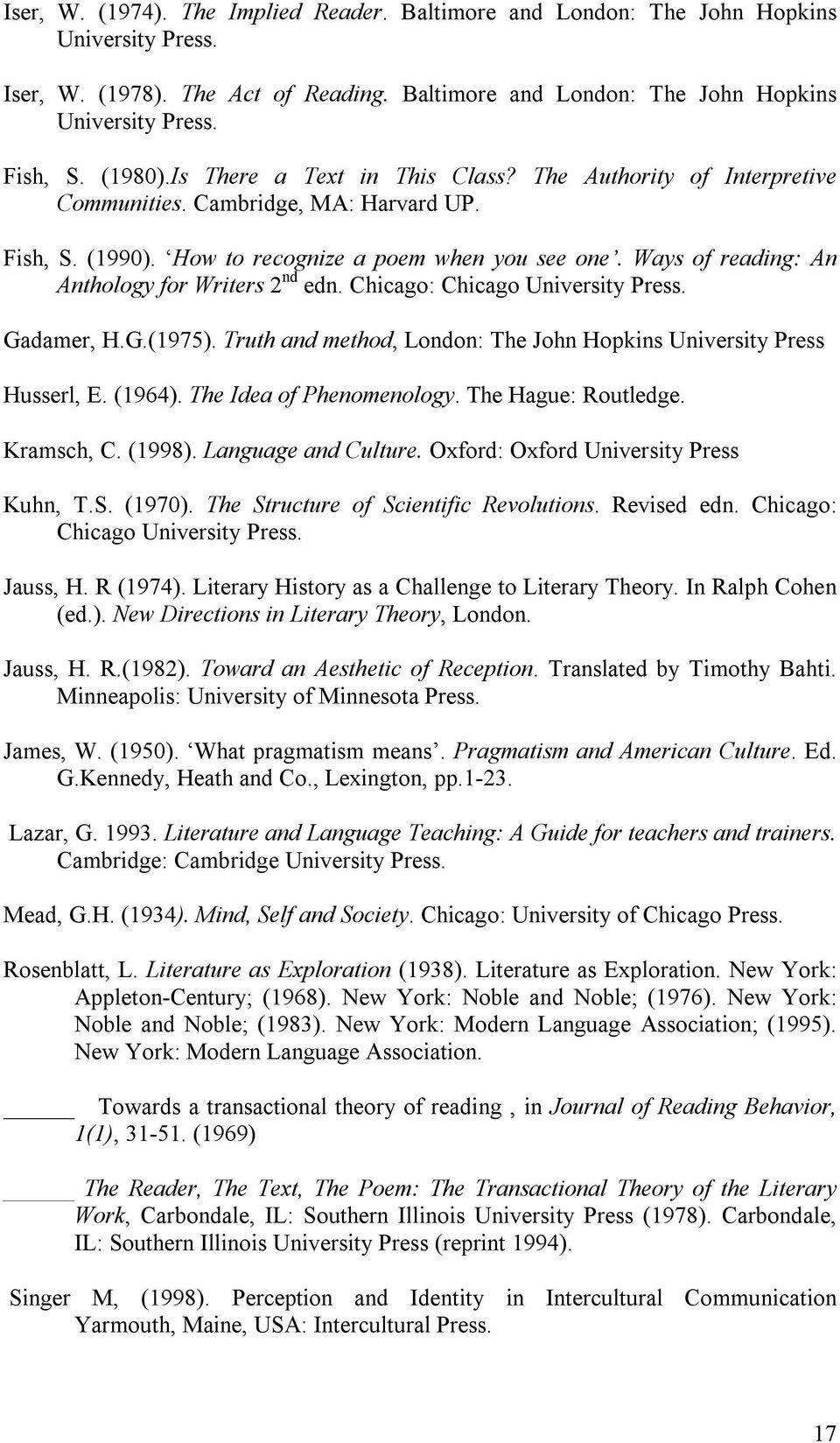 Ways of reading: An Anthology for Writers 2 nd edn. Chicago: Chicago University Press. Gadamer, H.G.(1975). Truth and method, London: The John Hopkins University Press Husserl, E. (1964).