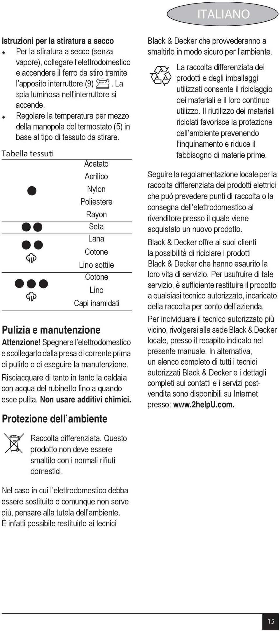 Tabella tessuti Acetato Acrilico Nylon Poliestere Rayon Seta Lana Cotone Lino sottile Cotone Lino Capi inamidati Pulizia e manutenzione Attenzione!