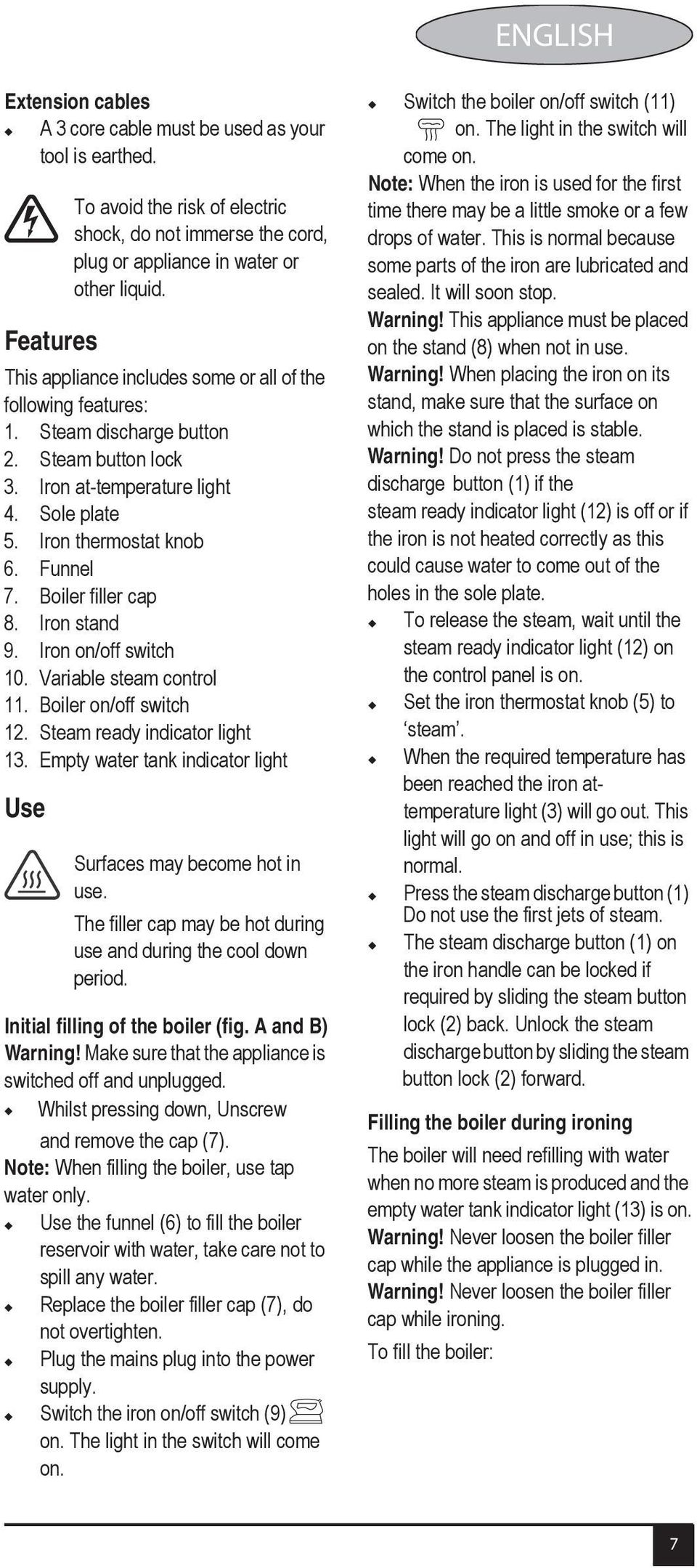 Steam ready indicator light 13. Empty water tank indicator light Use To avoid the risk of electric shock, do not immerse the cord, plug or appliance in water or other liquid.