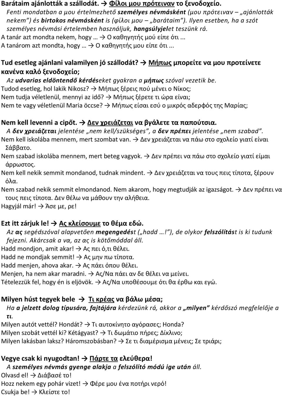 Ilyen esetben, ha a szót személyes névmási értelemben használjuk, hangsúlyjelet teszünk rá. A tanár azt mondta nekem, hogy Ο καθηγητής μού είπε ότι.