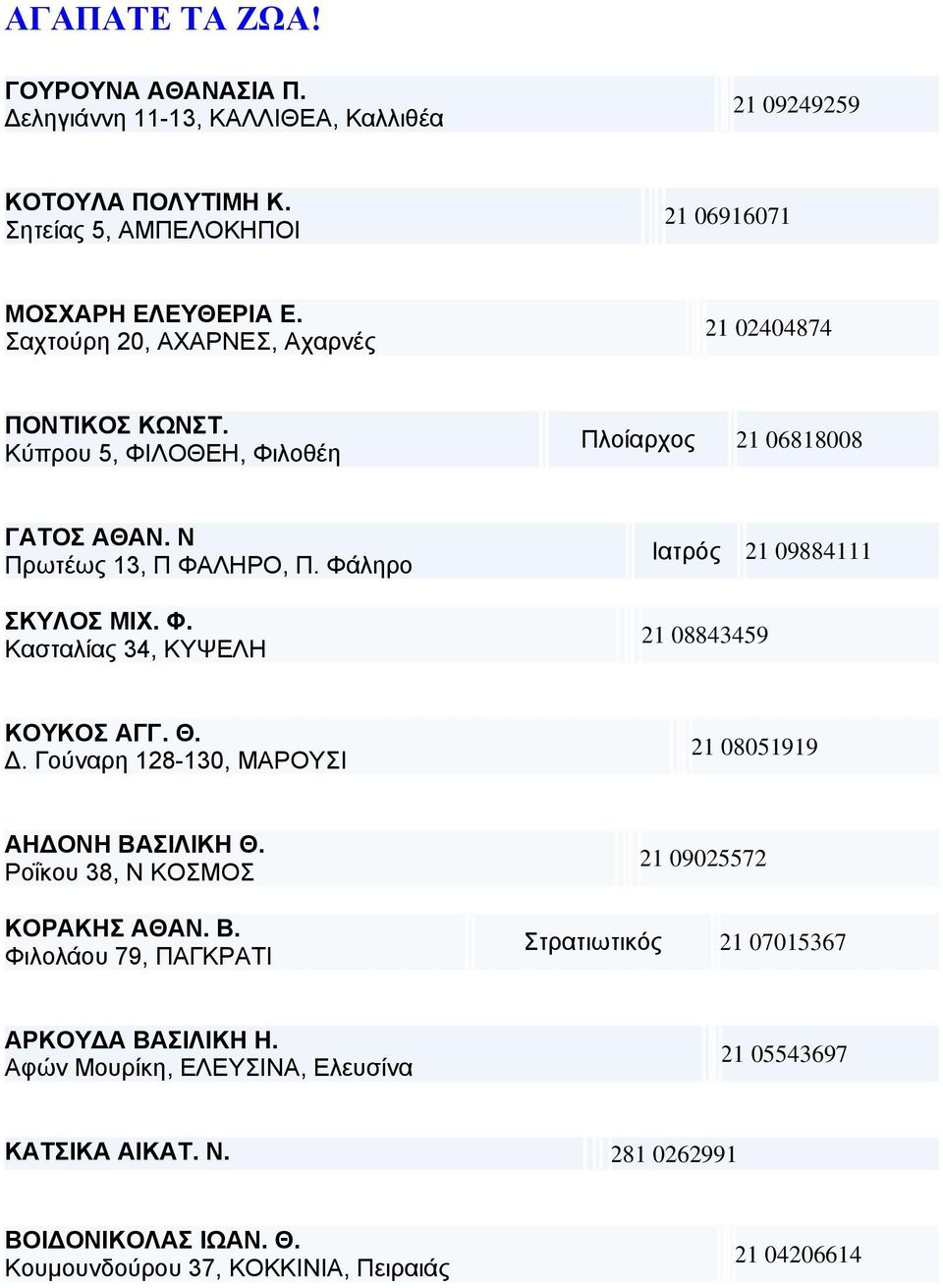 Θ.. Γούναρη 128-130, ΜΑΡΟΥΣΙ 21 08051919 ΑΗ ΟΝΗ ΒΑΣΙΛΙΚΗ Θ. Ροΐκου 38, Ν ΚΟΣΜΟΣ ΚΟΡΑΚΗΣ ΑΘΑΝ. Β. Φιλολάου 79, ΠΑΓΚΡΑΤΙ 21 09025572 Στρατιωτικός 21 07015367 ΑΡΚΟΥ Α ΒΑΣΙΛΙΚΗ Η.