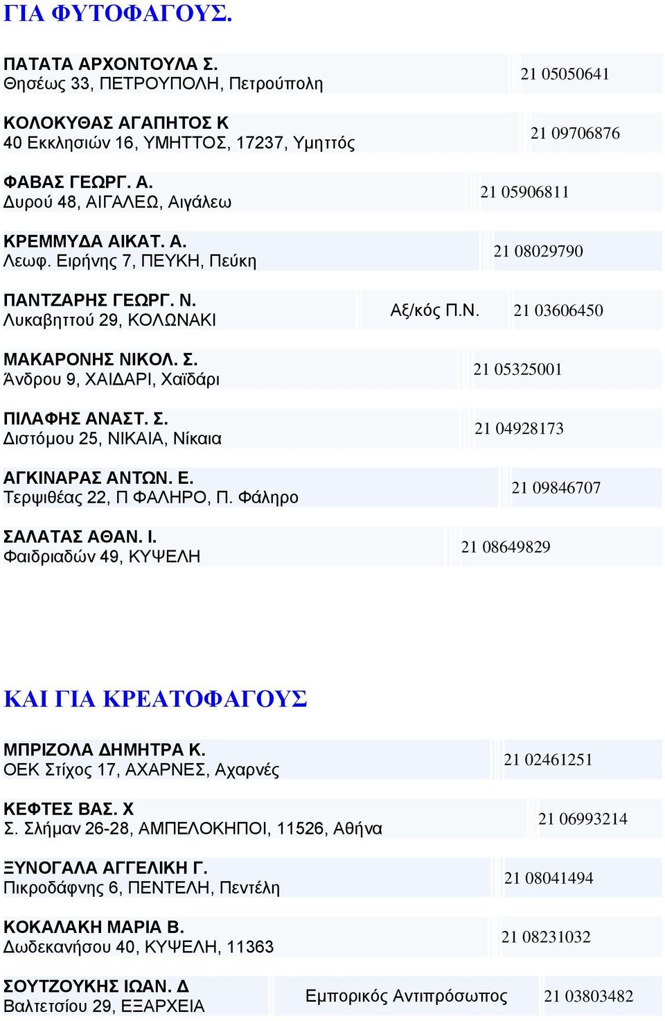 Τερψιθέας 22, Π ΦΑΛΗΡΟ, Π. Φάληρο ΣΑΛΑΤΑΣ ΑΘΑΝ. Ι. Φαιδριαδών 49, ΚΥΨΕΛΗ 21 05050641 21 09706876 21 05906811 21 08029790 Αξ/κός Π.Ν. 21 03606450 21 05325001 21 04928173 21 09846707 21 08649829 ΚΑΙ ΓΙΑ ΚΡΕΑΤΟΦΑΓΟΥΣ ΜΠΡΙΖΟΛΑ ΗΜΗΤΡΑ Κ.