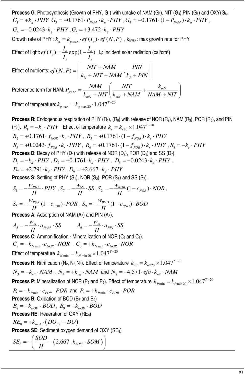 PIN Effect of nutrients: ef ( N, P), kn NIT NAM kp PIN s NAM NIT k mn Preference term for NAM: PNAM kmn NIT kmn NAM NAM NIT T 20 Effect of temperature: k k 1.