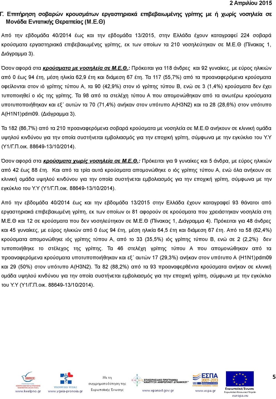 Τα 117 (55,7%) από τα προαναφερόμενα κρούσματα οφείλονται στον ιό γρίπης τύπου Α, τα 90 (42,9%) στον ιό γρίπης τύπου Β, ενώ σε 3 (1,4%) κρούσματα δεν έχει τυποποιηθεί ο ιός της γρίπης.