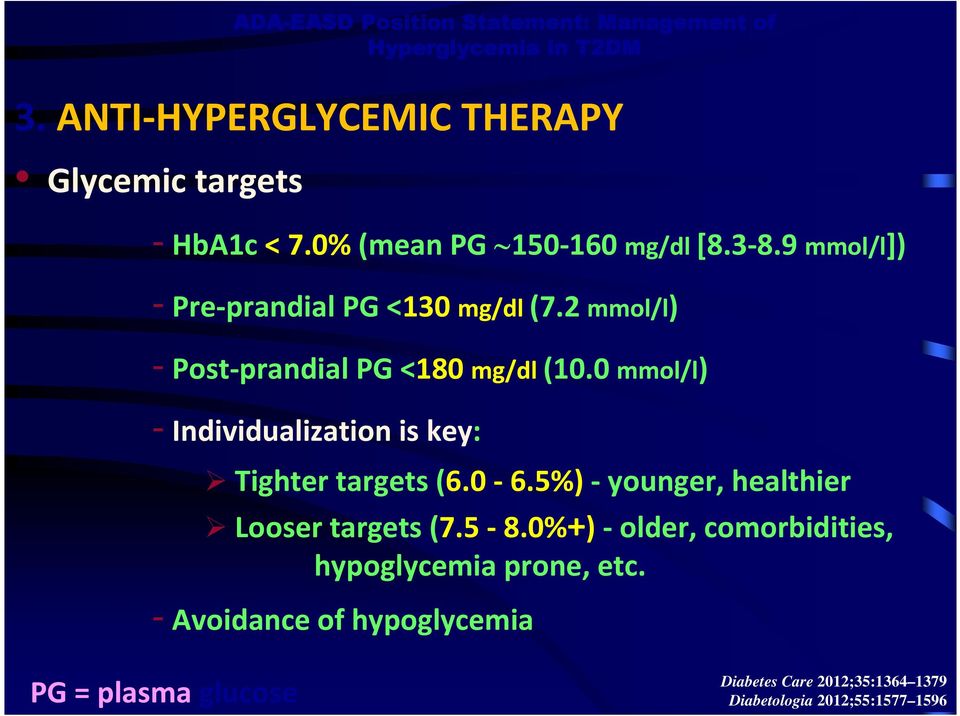 0 mmol/l) - Individualization is key: Tighter targets (6.0-6.5%) - younger, healthier Looser targets (7.5-8.