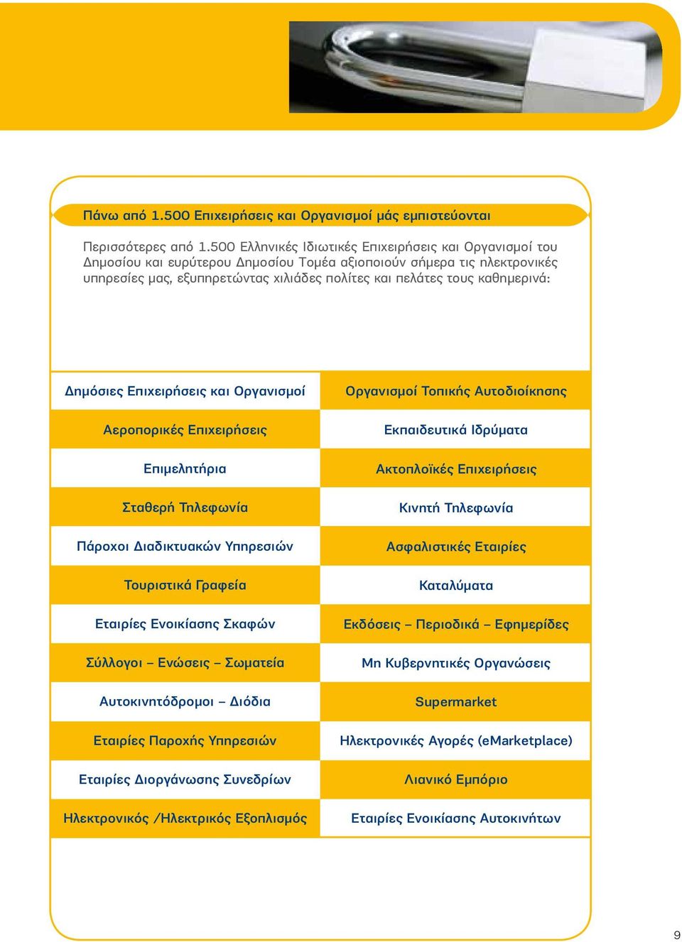 καθημερινά: Δημόσιες Επιχειρήσεις και Οργανισμοί Αεροπορικές Επιχειρήσεις Επιμελητήρια Σταθερή Τηλεφωνία Πάροχοι Διαδικτυακών Υπηρεσιών Τουριστικά Γραφεία Εταιρίες Ενοικίασης Σκαφών Σύλλογοι Ενώσεις