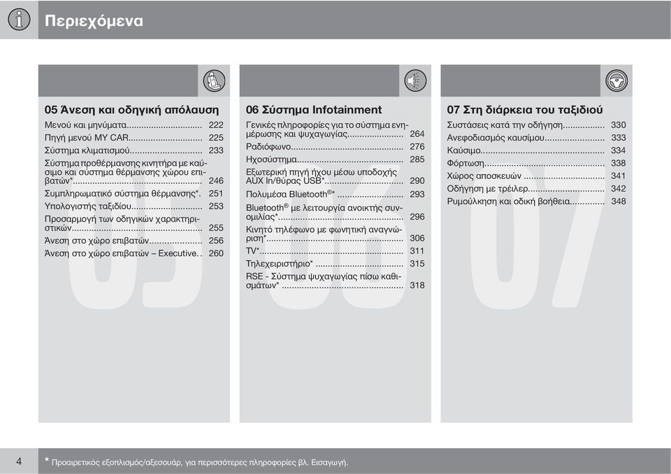 .. 285 βατών*... 246 AUX In/θύρας USB*... 290 Συμπληρωματικό σύστημα θέρμανσης*. 251 Πολυμέσα Bluetooth *... 293 Υπολογιστής ταξιδίου... 253 Bluetooth με λειτουργία ανοικτής συνομιλίας*.
