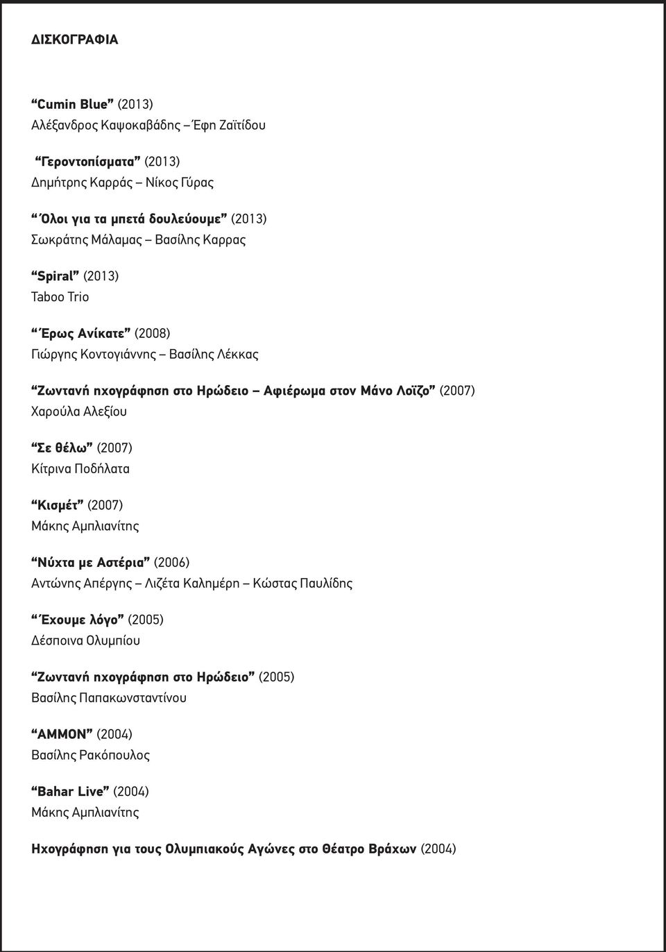 (2007) Κίτρινα Ποδήλατα Κισμέτ (2007) Μάκης Αμπλιανίτης Νύχτα με Αστέρια (2006) Αντώνης Απέργης Λιζέτα Καλημέρη Κώστας Παυλίδης Έχουμε λόγο (2005) Δέσποινα Ολυμπίου Ζωντανή