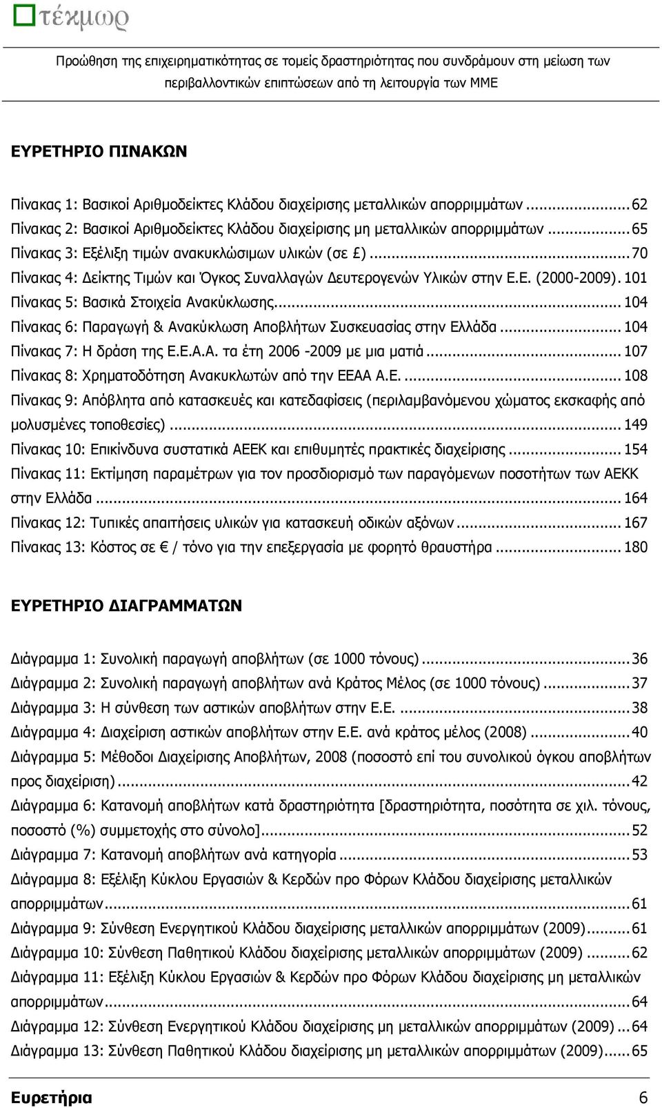 .. 104 Ξίλαθαο 6: Ξαξαγσγή & Αλαθχθισζε Απνβιήησλ Ππζθεπαζίαο ζηελ Διιάδα... 104 Ξίλαθαο 7: Ζ δξάζε ηεο Δ.Δ.Α.Α. ηα έηε 2006-2009 κε κηα καηηά... 107 Ξίλαθαο 8: Σξεκαηνδφηεζε Αλαθπθισηψλ απφ ηελ ΔΔΑΑ Α.