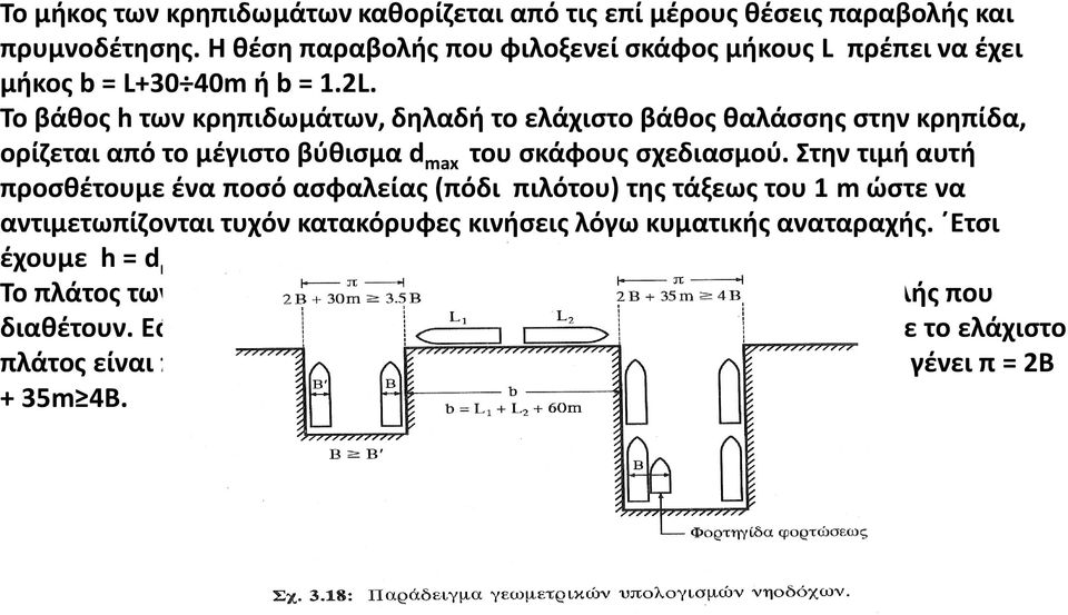 Στην τιμή αυτή προσθέτουμε ένα ποσό ασφαλείας (πόδι πιλότου) της τάξεως του 1 m ώστε να αντιμετωπίζονται τυχόν κατακόρυφες κινήσεις λόγω κυματικής αναταραχής. Ετσι έχουμε h = d max + 1 m.