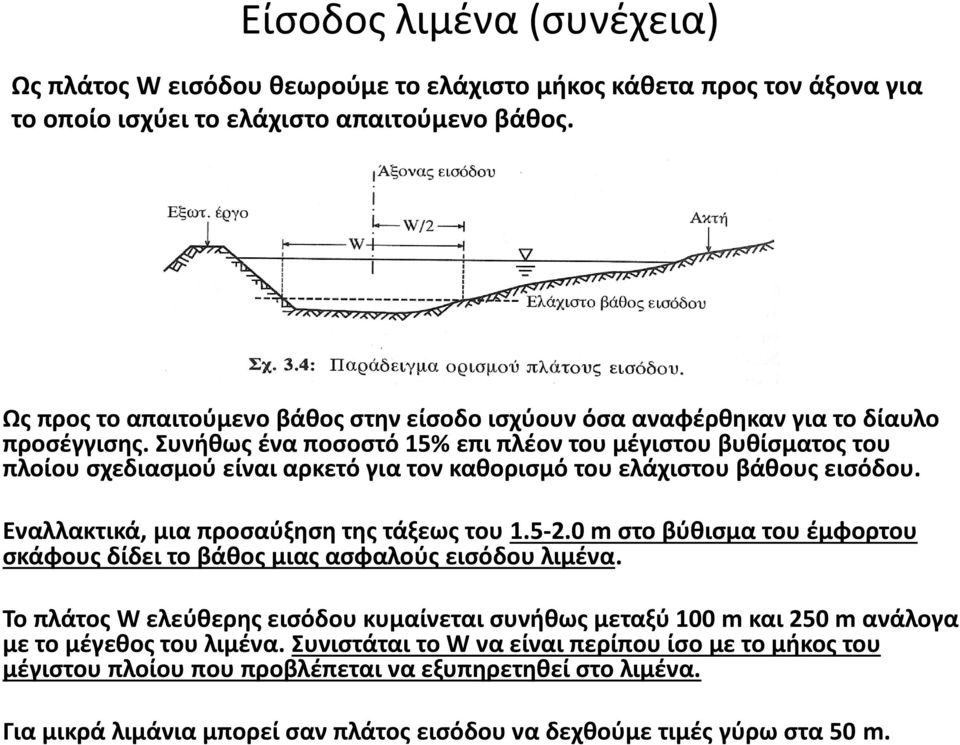 Συνήθως ένα ποσοστό 15% επι πλέον του μέγιστου βυθίσματος του πλοίου σχεδιασμού είναι αρκετό για τον καθορισμό του ελάχιστου βάθους εισόδου. Εναλλακτικά, μια προσαύξηση της τάξεως του 1.5-2.