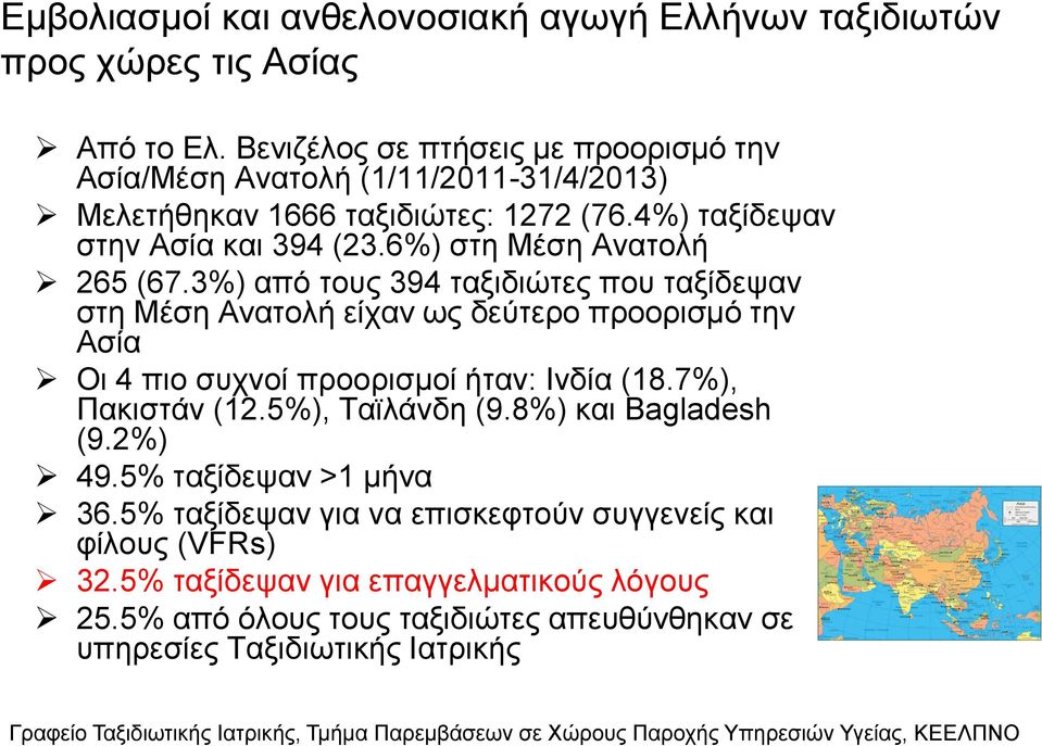 3%) από τους 394 ταξιδιώτες που ταξίδεψαν στη Μέση Ανατολή είχαν ως δεύτερο προορισμό την Ασία Οι 4 πιο συχνοί προορισμοί ήταν: Ινδία (18.7%), Πακιστάν (12.5%), Ταϊλάνδη (9.