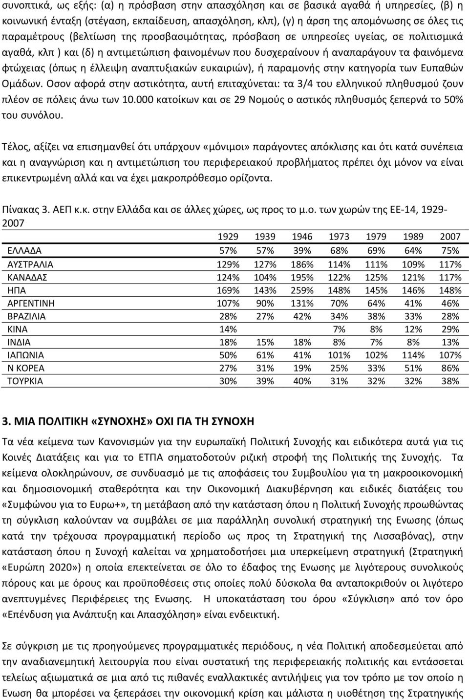 αναπτυξιακών ευκαιριών), ή παραμονής στην κατηγορία των Ευπαθών Ομάδων. Οσον αφορά στην αστικότητα, αυτή επιταχύνεται: τα 3/4 του ελληνικού πληθυσμού ζουν πλέον σε πόλεις άνω των 10.