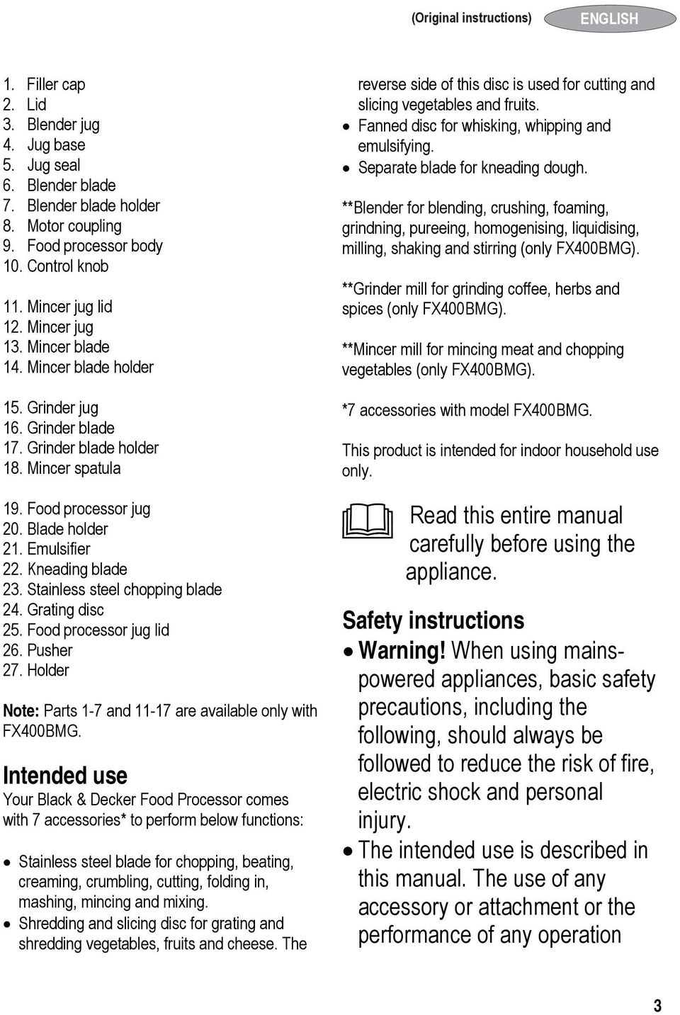 Emulsifier 22. Kneading blade 23. Stainless steel chopping blade 24. Grating disc 25. Food processor jug lid 26. Pusher 27. Holder Note: Parts 1-7 and 11-17 are available only with FX400BMG.