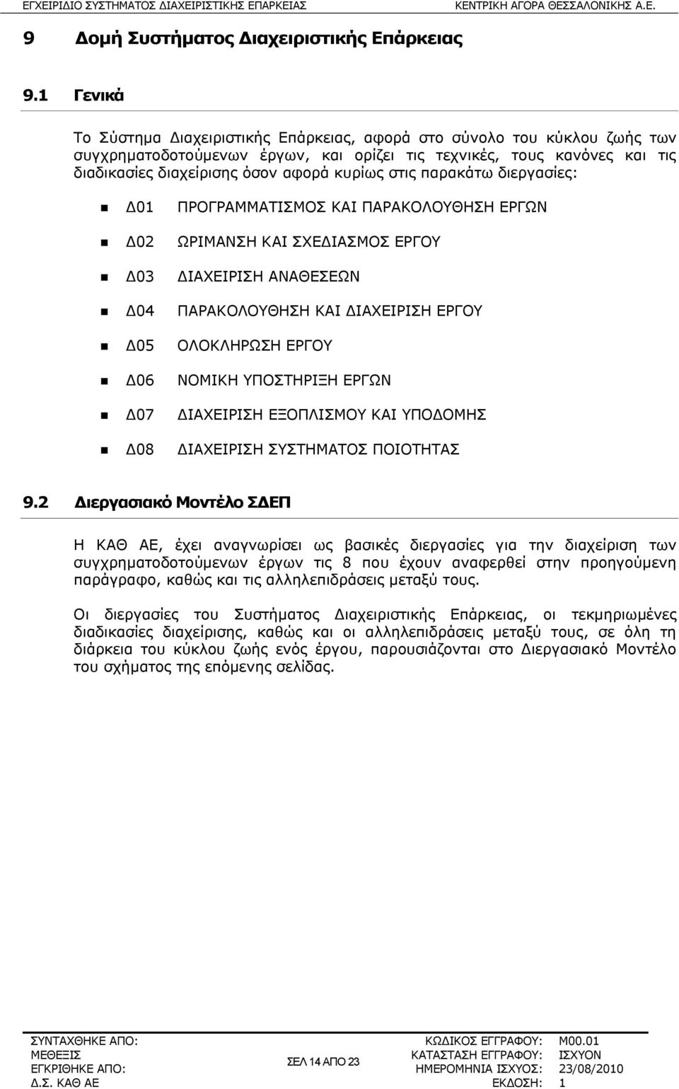 στις παρακάτω διεργασίες: Δ01 ΠΡΟΓΡΑΜΜΑΤΙΣΜΟΣ ΚΑΙ ΠΑΡΑΚΟΛΟΥΘΗΣΗ ΕΡΓΩΝ Δ02 ΩΡΙΜΑΝΣΗ ΚΑΙ ΣΧΕΔΙΑΣΜΟΣ ΕΡΓΟΥ Δ03 ΔΙΑΧΕΙΡΙΣΗ ΑΝΑΘΕΣΕΩΝ Δ04 ΠΑΡΑΚΟΛΟΥΘΗΣΗ ΚΑΙ ΔΙΑΧΕΙΡΙΣΗ ΕΡΓΟΥ Δ05 ΟΛΟΚΛΗΡΩΣΗ ΕΡΓΟΥ Δ06 ΝΟΜΙΚΗ