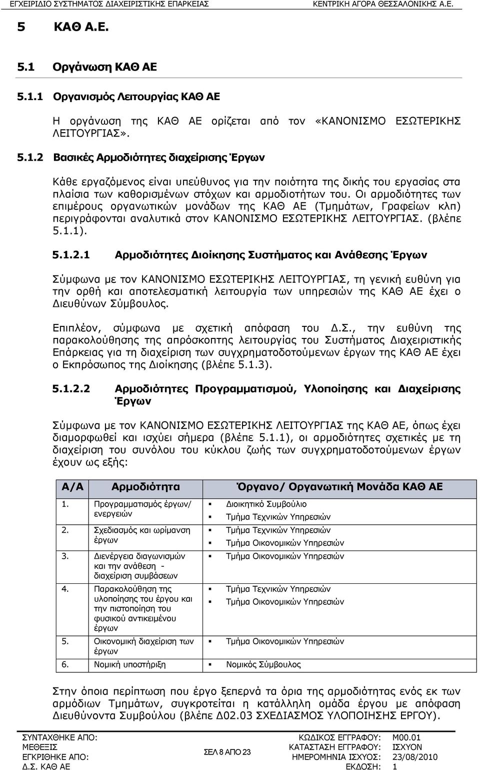 1 Αρμοδιότητες Διοίκησης Συστήματος και Ανάθεσης Έργων Σύμφωνα με τον ΚΑΝΟΝΙΣΜΟ ΕΣΩΤΕΡΙΚΗΣ ΛΕΙΤΟΥΡΓΙΑΣ, τη γενική ευθύνη για την ορθή και αποτελεσματική λειτουργία των υπηρεσιών της ΚΑΘ ΑΕ έχει ο