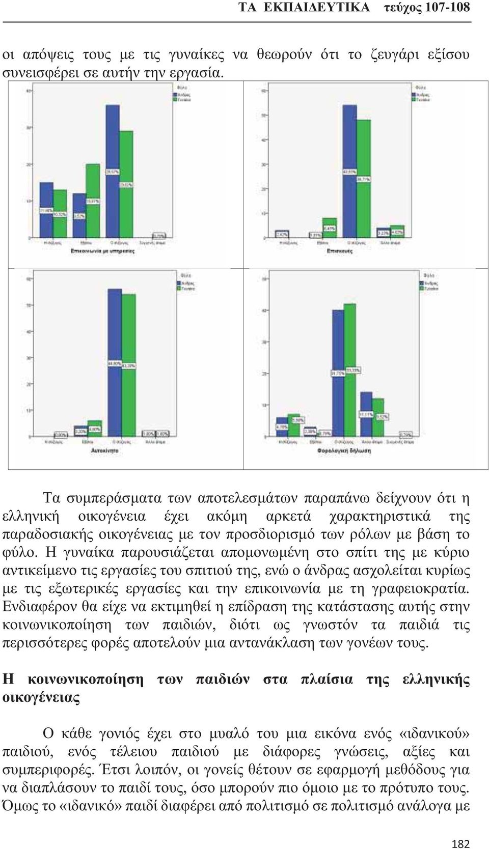 Η γυναίκα παρουσιάζεται απομονωμένη στο σπίτι της με κύριο αντικείμενο τις εργασίες του σπιτιού της, ενώ ο άνδρας ασχολείται κυρίως με τις εξωτερικές εργασίες και την επικοινωνία με τη γραφειοκρατία.