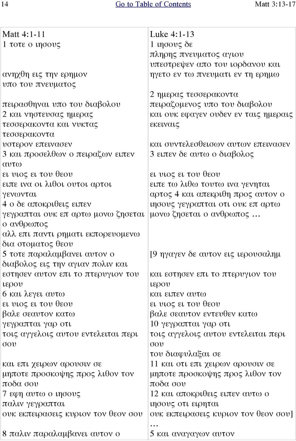 ρηματι εκπορευομενω δια στοματος θεου 5 τοτε παραλαμβανει αυτον ο διαβολος εις την αγιαν πολιν και εστησεν αυτον επι το πτερυγιον του ιερου 6 και λεγει αυτω ει υιος ει του θεου βαλε σεαυτον κατω