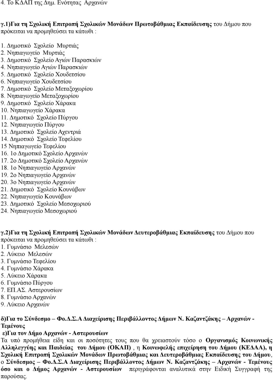 Νηπιαγωγείο Μεταξοχωρίου 9. Δημοτικό Σχολείο Χάρακα 10. Νηπιαγωγείο Χάρακα 11. Δημοτικό Σχολείο Πύργου 12. Νηπιαγωγείο Πύργου 13. Δημοτικό Σχολείο Αχεντριά 14.