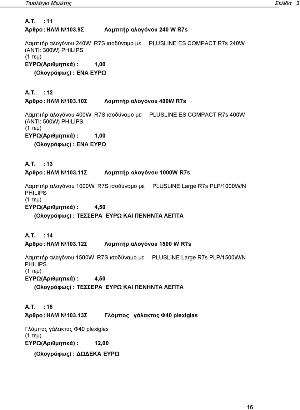 11Σ Λαμπτήρ αλογόνου 1000W R7s Λαμπτήρ αλογόνου 1000W R7S ισοδύναμο με PHILIPS 4,50 ΤΕΣΣΕΡΑ ΕΥΡΩ ΚΑΙ ΠΕΝΗΝΤΑ ΛΕΠΤΑ PLUSLINE Large R7s PLP/1000W/N Α.Τ. : 14 Άρθρο : ΗΛΜ Ν\103.