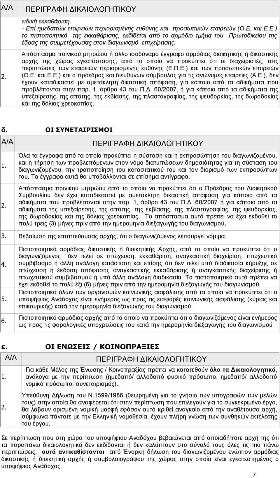 περιορισμένης ευθύνης (Ε.Π.Ε.) και των προσωπικών εταιρειών (Ο.Ε. και Ε.Ε.) και ο πρόεδρος και διευθύνων σύμβουλος για τις ανώνυμες εταιρείες (Α.Ε.), δεν έχουν καταδικαστεί με αμετάκλητη δικαστική απόφαση, για κάποιο από τα αδικήματα που προβλέπονται στην παρ.