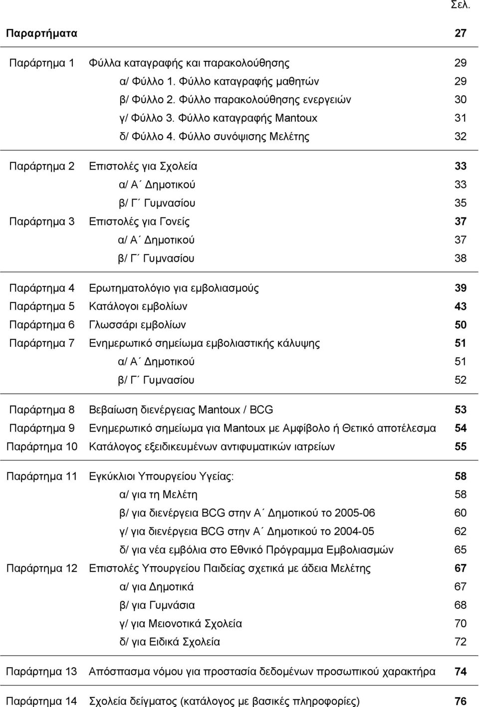 Φύλλο συνόψισης Μελέτης 32 Παράρτηµα 2 Επιστολές για Σχολεία 33 α/ Α ηµοτικού 33 β/ Γ Γυµνασίου 35 Παράρτηµα 3 Επιστολές για Γονείς 37 α/ Α ηµοτικού 37 β/ Γ Γυµνασίου 38 Παράρτηµα 4 Ερωτηµατολόγιο