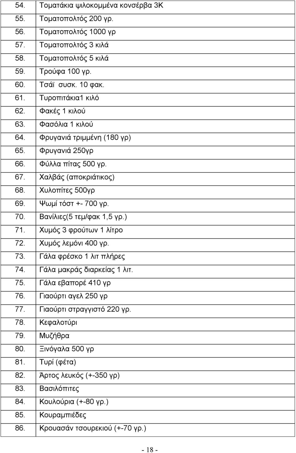 70. Βανίλιες(5 τεμ/φακ 1,5 γρ.) 71. Χυμός 3 φρούτων 1 λίτρο 72. Χυμός λεμόνι 400 γρ. 73. Γάλα φρέσκο 1 λιτ πλήρες 74. Γάλα μακράς διαρκείας 1 λιτ. 75. Γάλα εβαπορέ 410 γρ 76. Γιαούρτι αγελ 250 γρ 77.