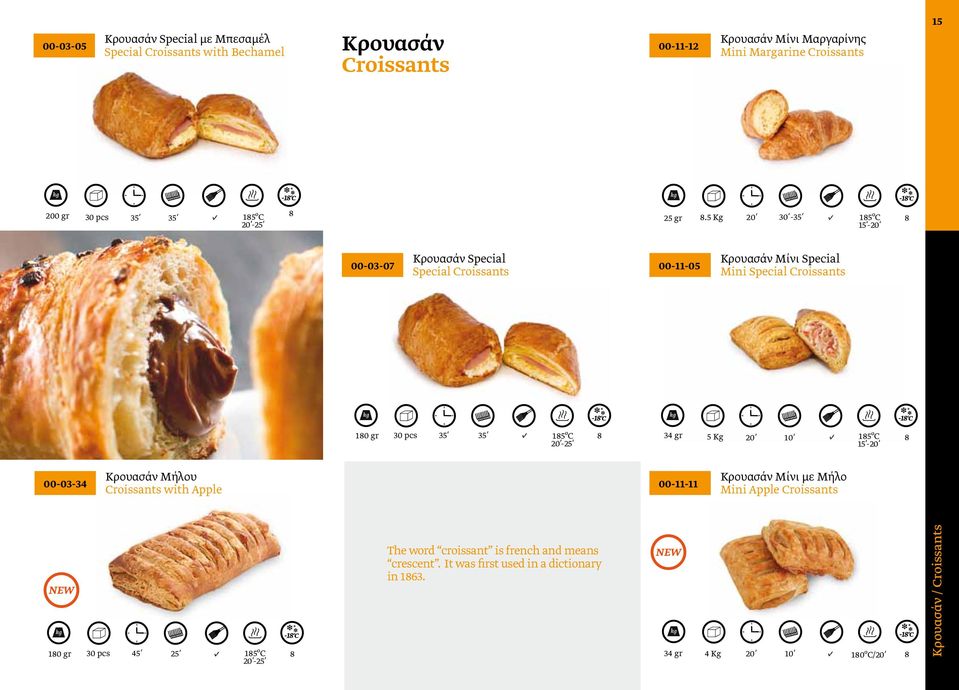 5 Kg 20 8 15-20 00-03-07 Κρουασάν Special Special Croissants 00-11-05 Κρουασάν Mίνι Special Mini Special Croissants 180 gr 30 pcs 35 35 20-25 8 34 gr 5 Kg