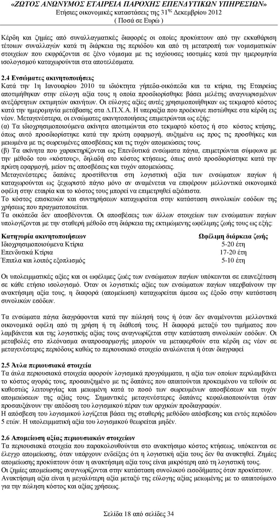 4 Ενσώματες ακινητοποιήσεις Κατά την 1η Ιανουαρίου 2010 τα ιδιόκτητα γήπεδα-οικόπεδα και τα κτίρια, της Εταιρείας αποτιμήθηκαν στην εύλογη αξία τους η οποία προσδιορίσθηκε βάσει μελέτης