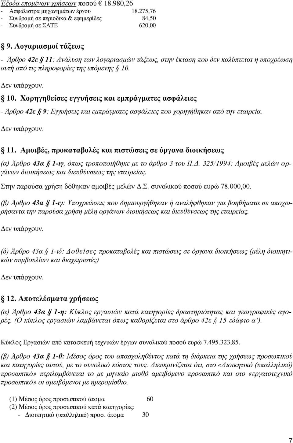 10. Χορηγηθείσες εγγυήσεις και εμπράγματες ασφάλειες - Άρθρο 42ε 9: Εγγυήσεις και εμπράγματες ασφάλειες που χορηγήθηκαν από την εταιρεία. 11.