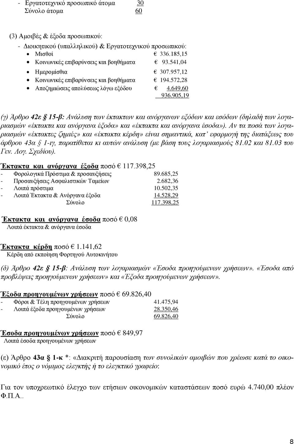 905,19 (γ) Άρθρο 42ε 15-β: Ανάλυση των έκτακτων και ανόργανων εξόδων και εσόδων (δηλαδή των λογαριασμών «έκτακτα και ανόργανα έξοδα» και «έκτακτα και ανόργανα έσοδα»).