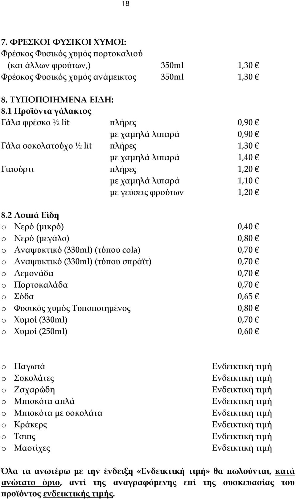 2 Λοιπά Είδη o Νερό (μικρό) 0,40 o Νερό (μεγάλο) 0,80 o Αναψυκτικό (330ml) (τύπου cola) 0,70 o Αναψυκτικό (330ml) (τύπου σπράϊτ) 0,70 o Λεμονάδα 0,70 o Πορτοκαλάδα 0,70 o Σόδα 0,65 o Φυσικός χυμός