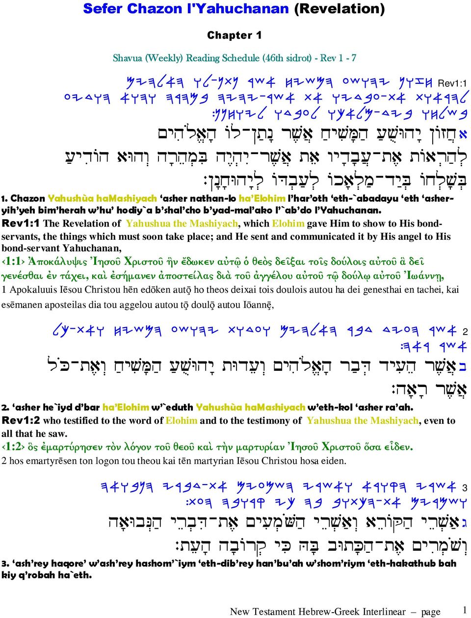 Chazon Yahushùa hamashiyach asher nathan-lo ha Elohim l har oth eth-`abadayu eth asheryih yeh bim herah w hu hodiy`a b shal cho b yad-mal ako l `ab do l Yahuchanan.