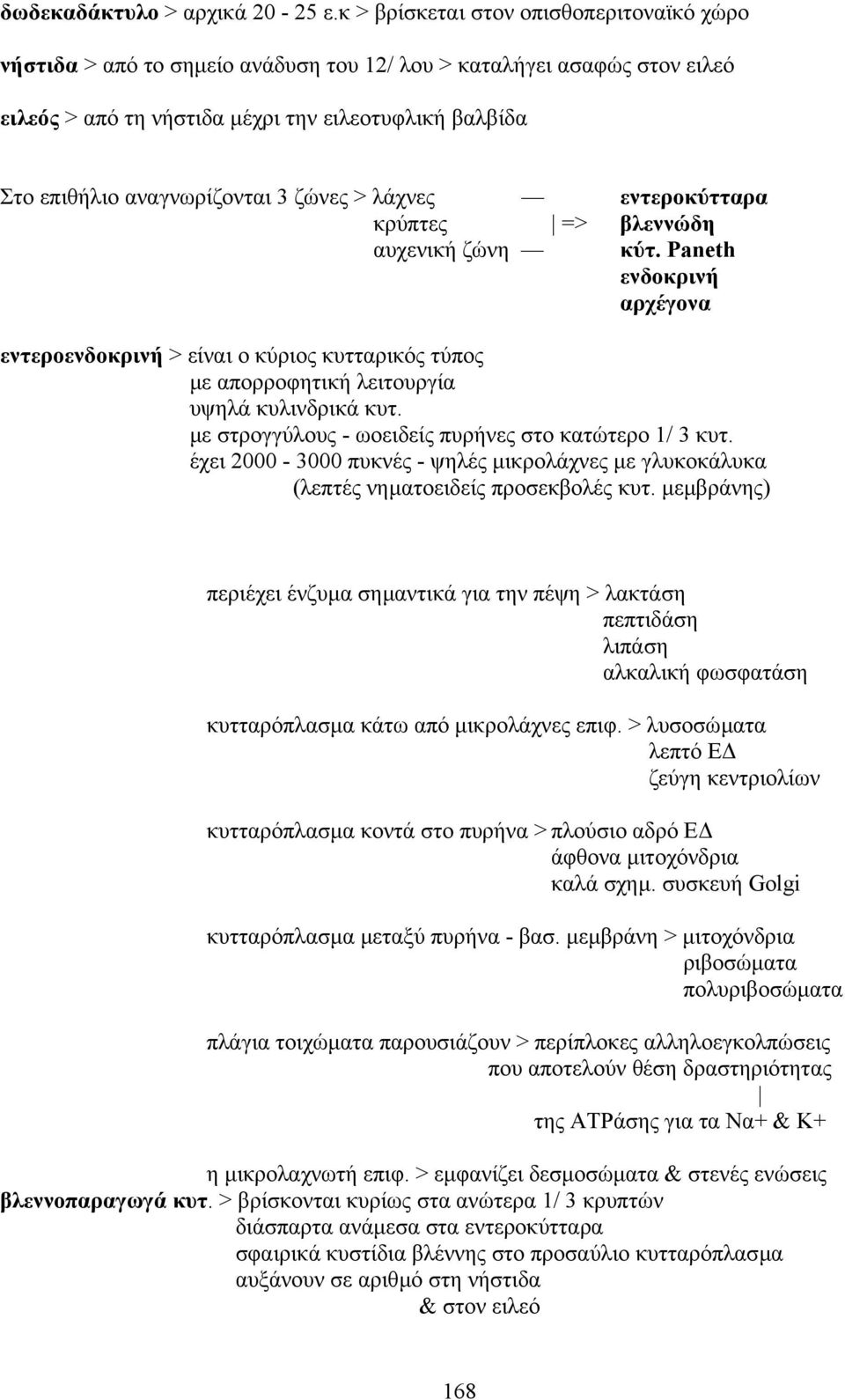 3 ζώνες > λάχνες εντεροκύτταρα κρύπτες => βλεννώδη αυχενική ζώνη κύτ. Paneth ενδοκρινή αρχέγονα εντεροενδοκρινή > είναι ο κύριος κυτταρικός τύπος µε απορροφητική λειτουργία υψηλά κυλινδρικά κυτ.