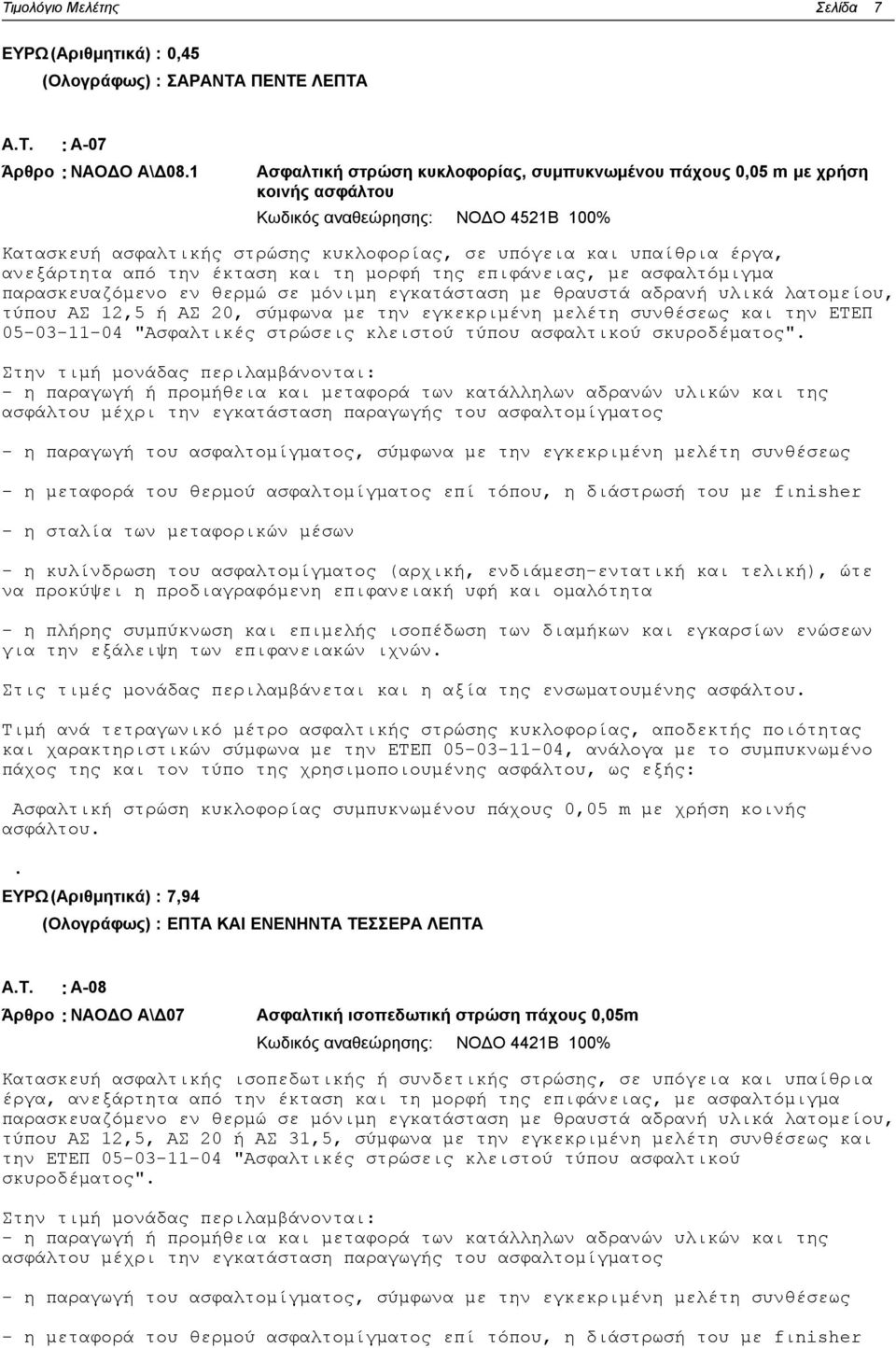 ανεξάρτητα από την έκταση και τη μορφή της επιφάνειας, με ασφαλτόμιγμα παρασκευαζόμενο εν θερμώ σε μόνιμη εγκατάσταση με θραυστά αδρανή υλικά λατομείου, τύπου ΑΣ 12,5 ή ΑΣ 20, σύμφωνα με την