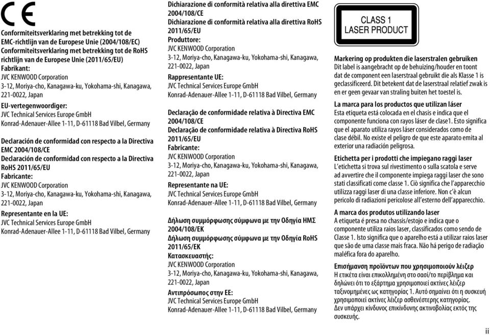 Bad Vilbel, Germany Declaración de conformidad con respecto a la Directiva EMC 2004/108/CE Declaración de conformidad con respecto a la Directiva RoHS 2011/65/EU Fabricante: JVC KENWOOD Corporation