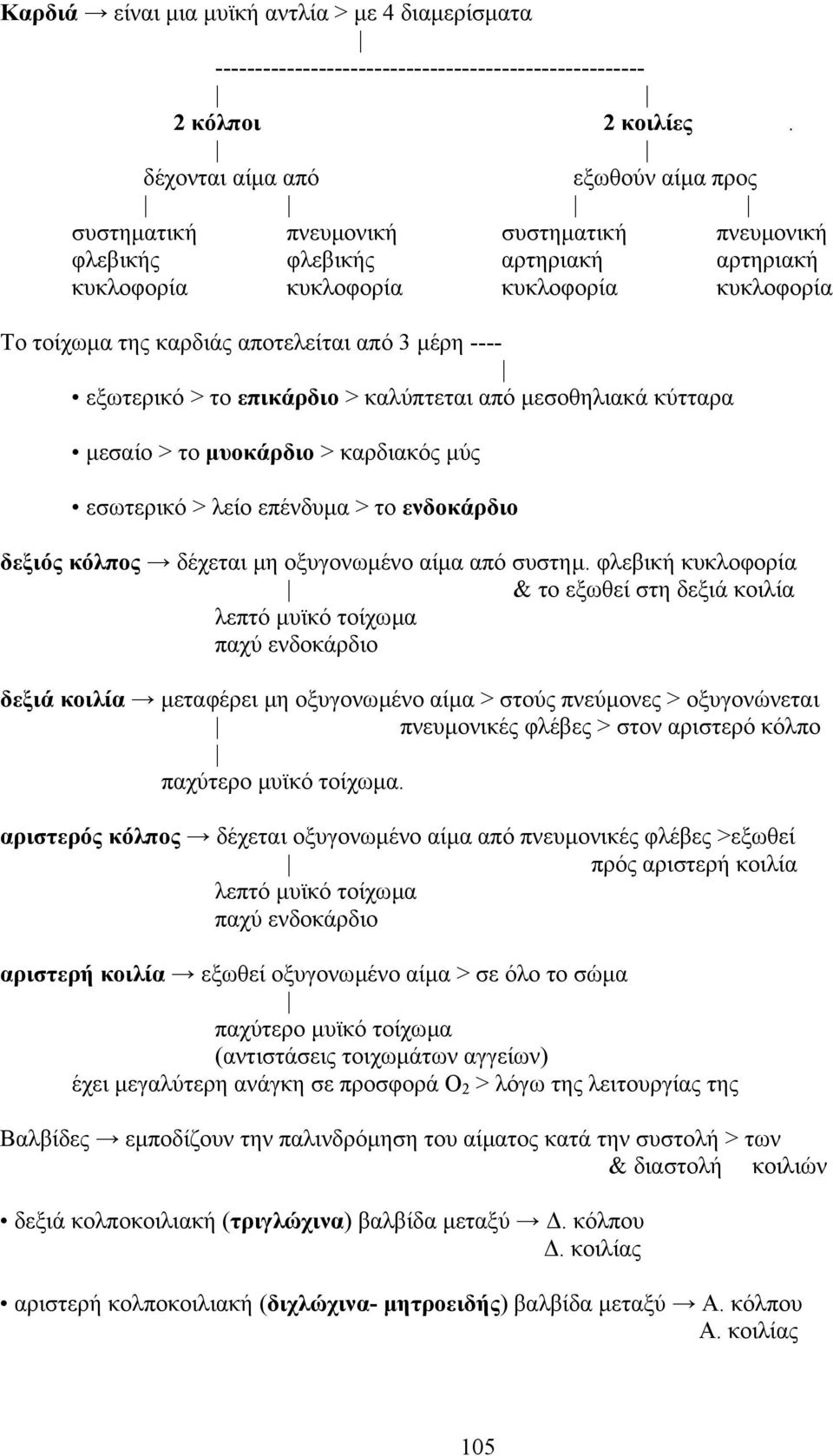 από 3 µέρη ---- εξωτερικό > το επικάρδιο > καλύπτεται από µεσοθηλιακά κύτταρα µεσαίο > το µυοκάρδιο > καρδιακός µύς εσωτερικό > λείο επένδυµα > το ενδοκάρδιο δεξιός κόλπος δέχεται µη οξυγονωµένο αίµα