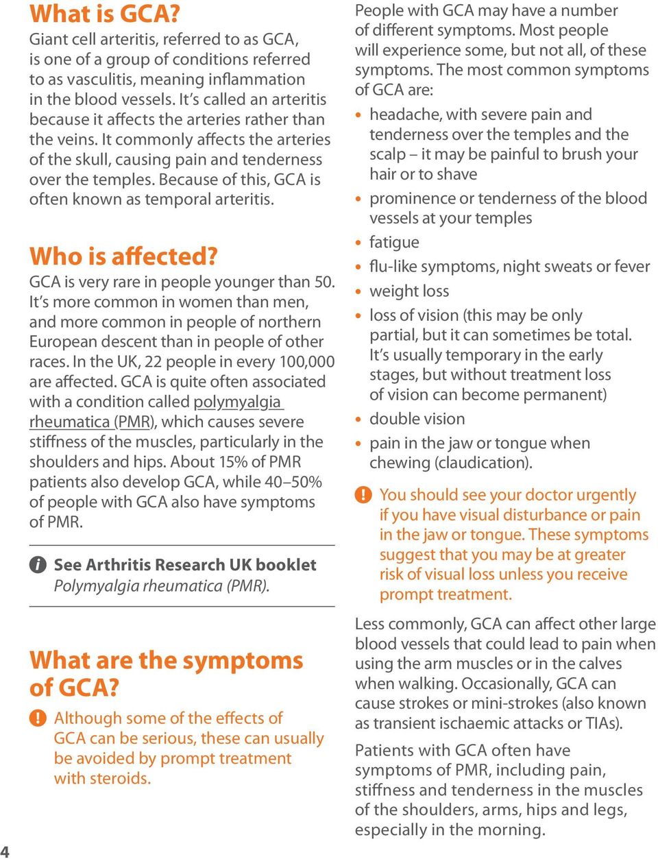 Because of this, GCA is often known as temporal arteritis. Who is affected? GCA is very rare in people younger than 50.