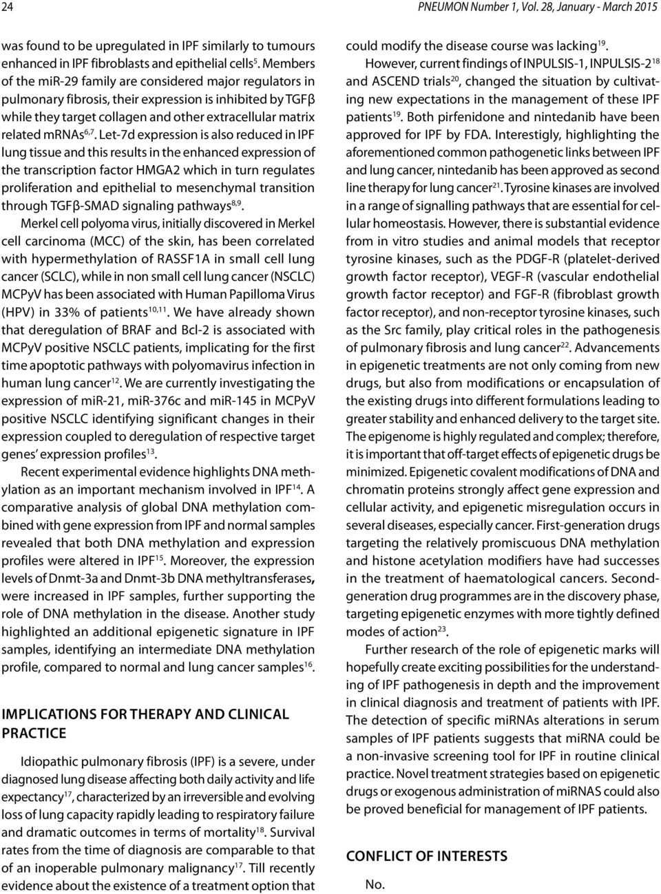 Let-7d expression is also reduced in IPF lung tissue and this results in the enhanced expression of the transcription factor HMGA2 which in turn regulates proliferation and epithelial to mesenchymal