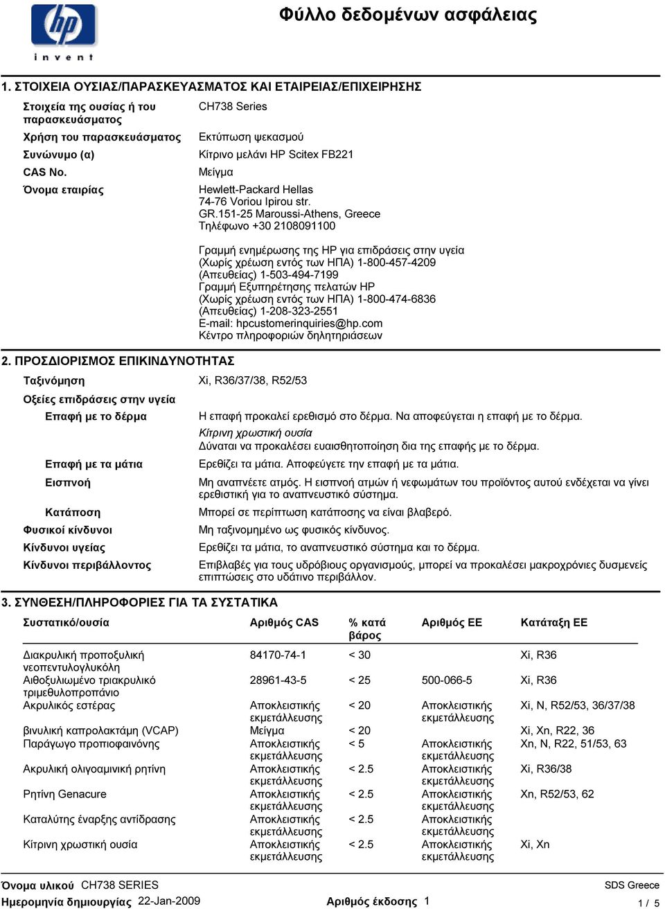 151-25 Maroussi-Athens, Greece Τηλέφωνο +30 2108091100 Ταξινόµηση Xi, R36/37/38, R52/53 Οξείες επιδράσεις στην υγεία Επαφή µε το δέρµα Επαφή µε τα µάτια Εισπνοή Κατάποση Φυσικοί κίνδυνοι Κίνδυνοι