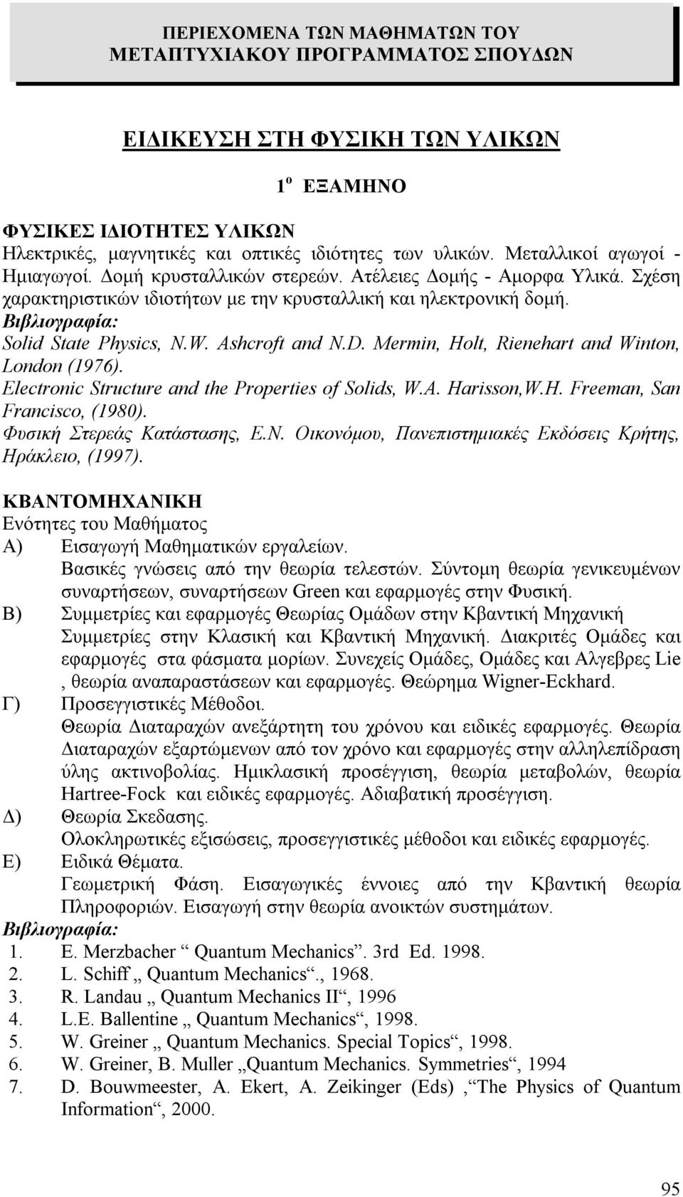 Ashcroft and N.D. Mermin, Holt, Rienehart and Winton, London (1976). Electronic Structure and the Properties of Solids, W.A. Harisson,W.H. Freeman, San Francisco, (1980). Φυσική Στερεάς Κατάστασης, Ε.