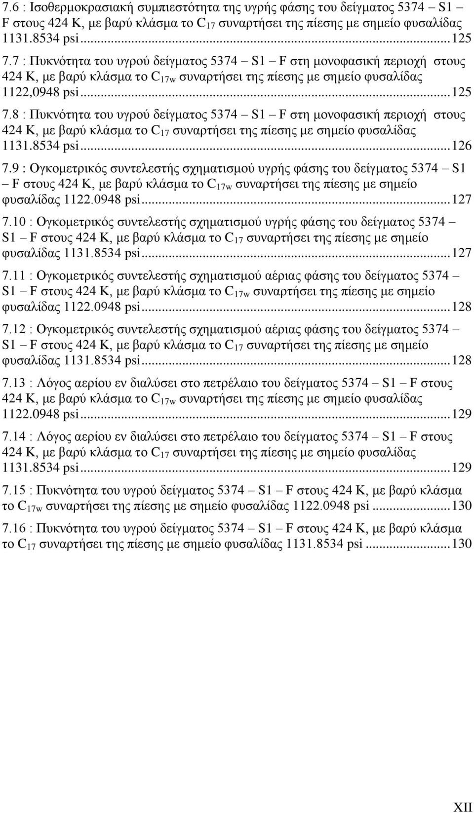 8 : Πυκνότητα του υγρού δείγματος 5374 S1 F στη μονοφασική περιοχή στους 424 Κ, με βαρύ κλάσμα το C 17 συναρτήσει της πίεσης με σημείο φυσαλίδας 1131.8534 ps... 126 7.