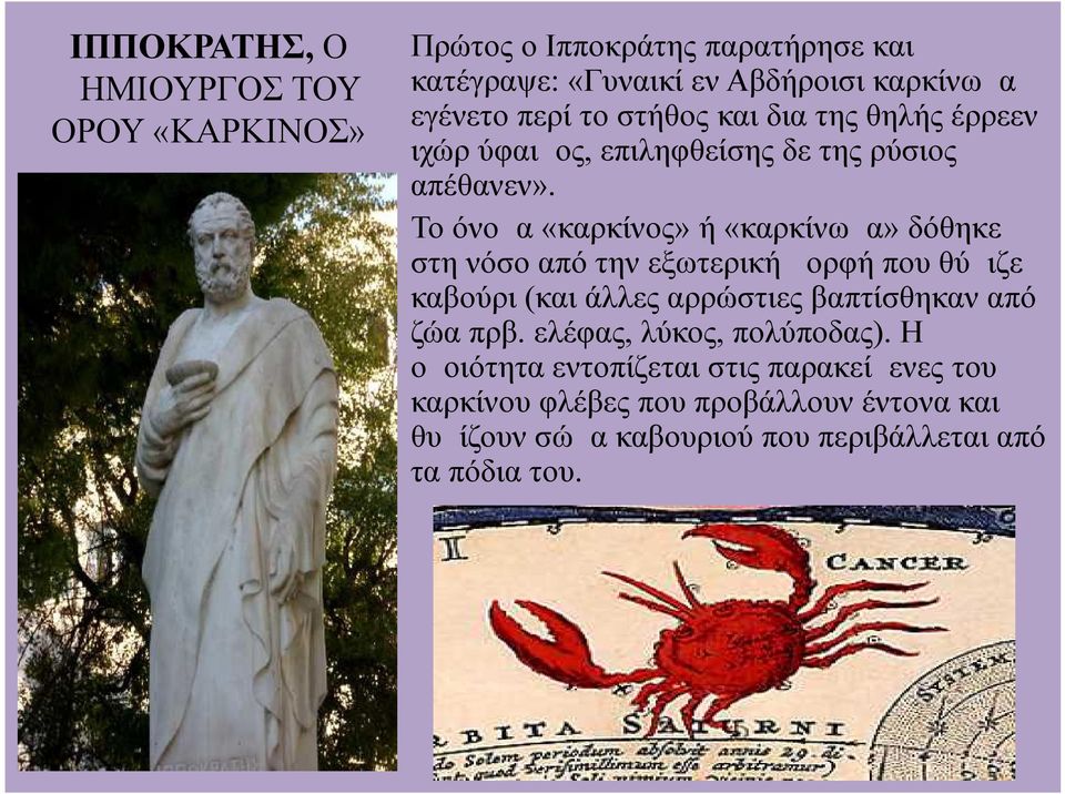 Το όνομα «καρκίνος» ή «καρκίνωμα» δόθηκε στη νόσο από την εξωτερική μορφή που θύμιζε καβούρι (και άλλες αρρώστιες βαπτίσθηκαν από ζώα