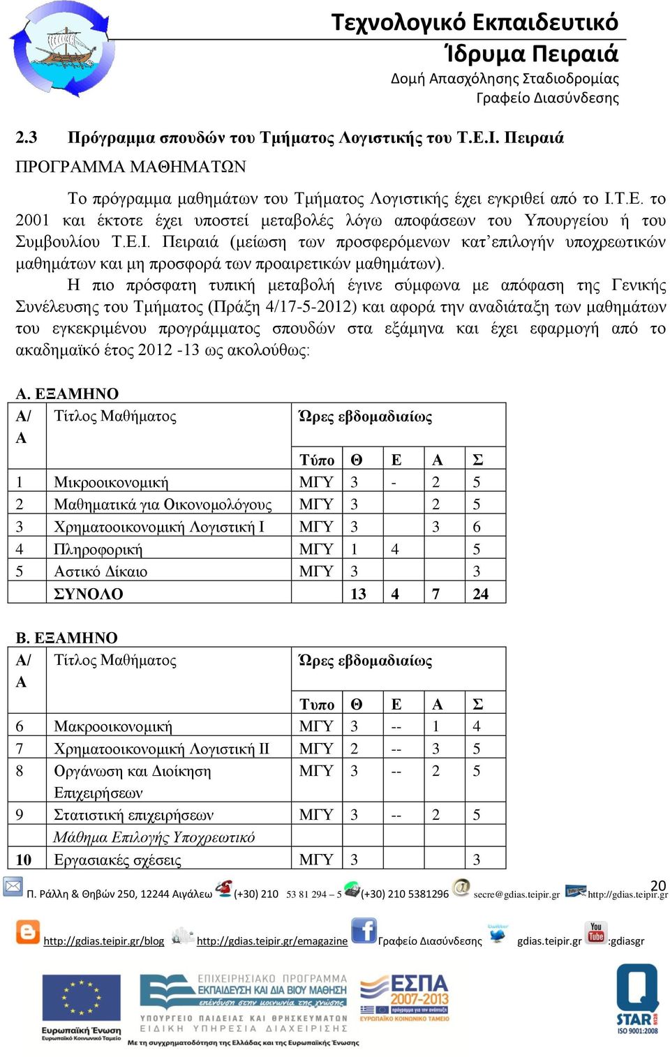 Η πιο πρόσφατη τυπική μεταβολή έγινε σύμφωνα με απόφαση της Γενικής Συνέλευσης του Τμήματος (Πράξη 4/17-5-2012) και αφορά την αναδιάταξη των μαθημάτων του εγκεκριμένου προγράμματος σπουδών στα