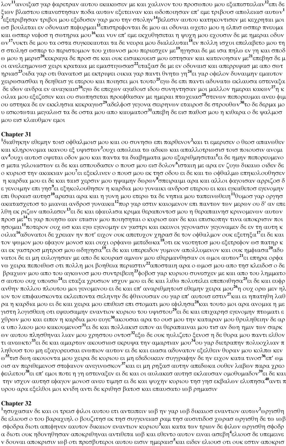 ωσπερ νεφοσ η σωτηρια µου 16 και νυν επ εµε εκχυθησεται η ψυχη µου εχουσιν δε µε ηµεραι οδυν ων 17 νυκτι δε µου τα οστα συγκεκαυται τα δε νευρα µου διαλελυται 18 εν πολλη ισχυι επελαβετο µου τη σ