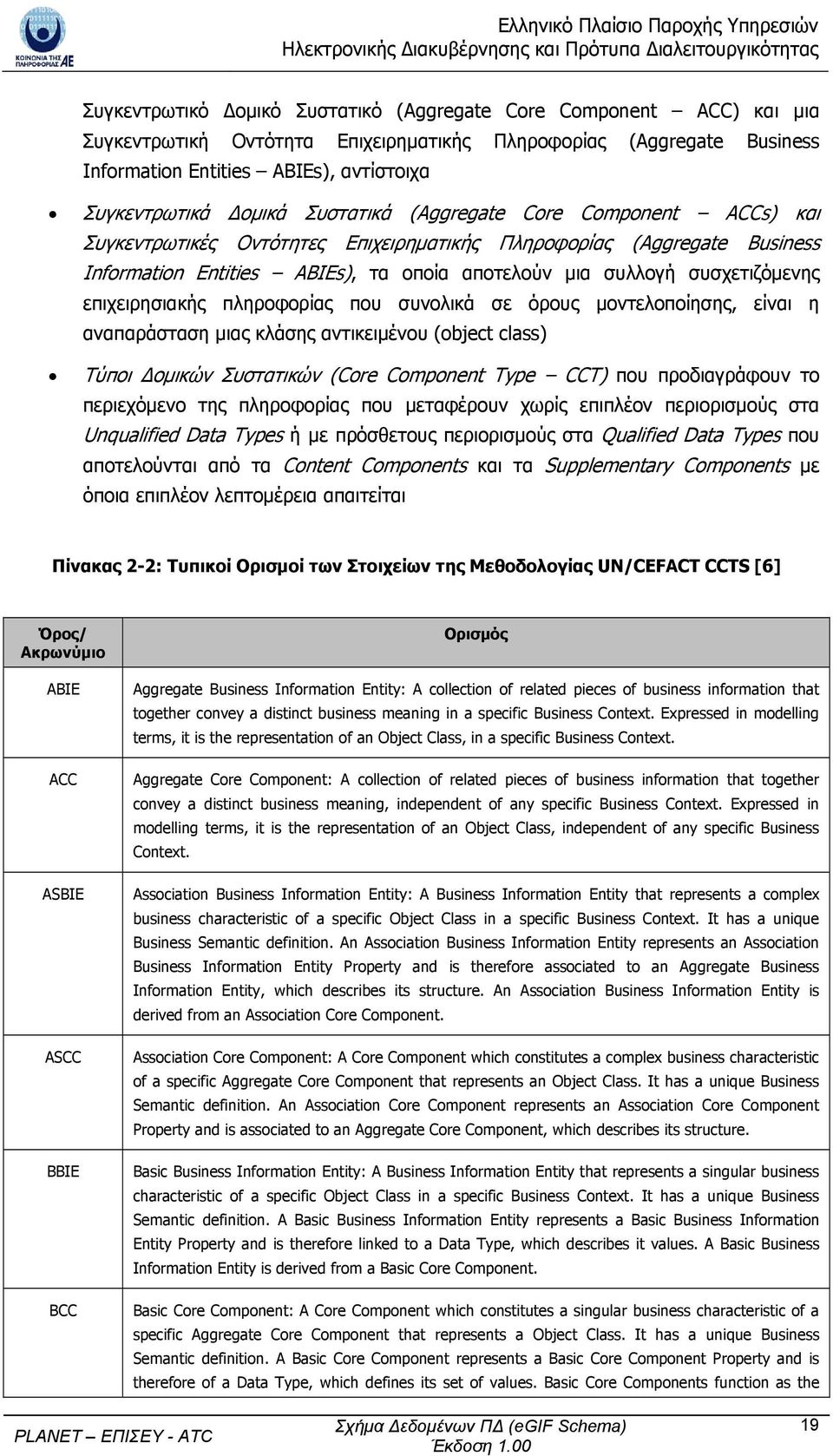 συσχετιζόμενης επιχειρησιακής πληροφορίας που συνολικά σε όρους μοντελοποίησης, είναι η αναπαράσταση μιας κλάσης αντικειμένου (object class) Τύποι Δομικών Συστατικών (Core Component Type CCT) που