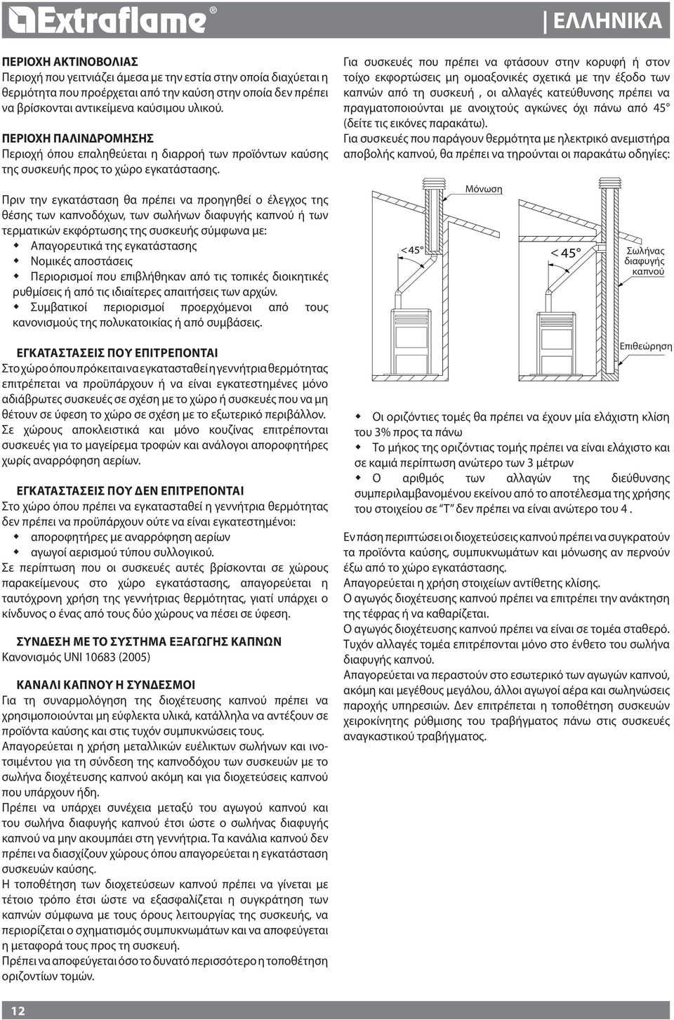 Πριν την εγκατάσταση θα πρέπει να προηγηθεί ο έλεγχος της θέσης των καπνοδόχων, των σωλήνων διαφυγής καπνού ή των τερματικών εκφόρτωσης της συσκευής σύμφωνα με: Απαγορευτικά της εγκατάστασης Νομικές